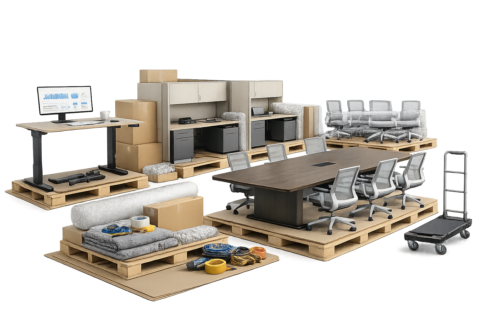 Mobilier et équipement de bureau : bureaux, tables, chaises, fournitures.