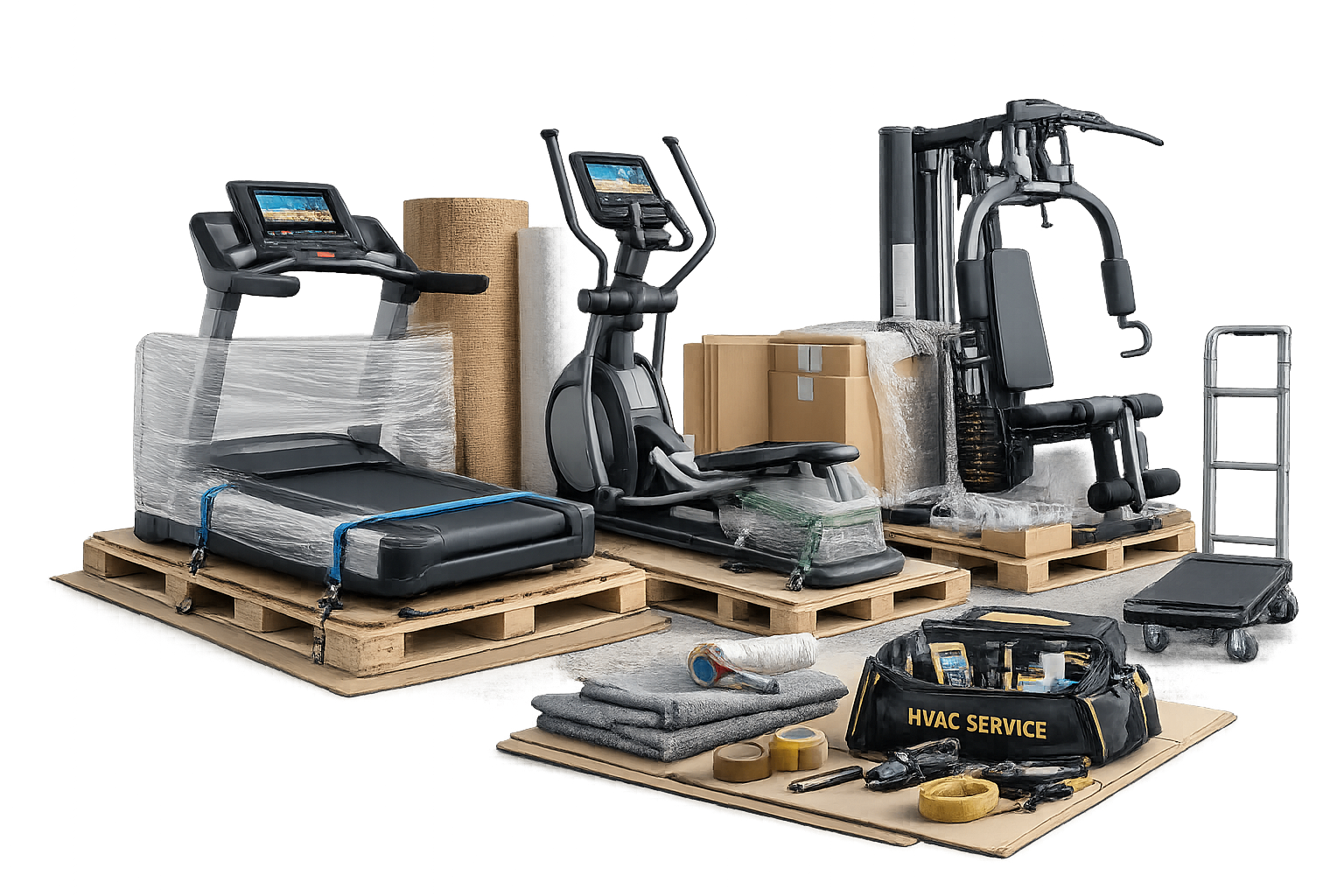 Équipement sportif lourd : tapis de course et machines préparés pour le transport.