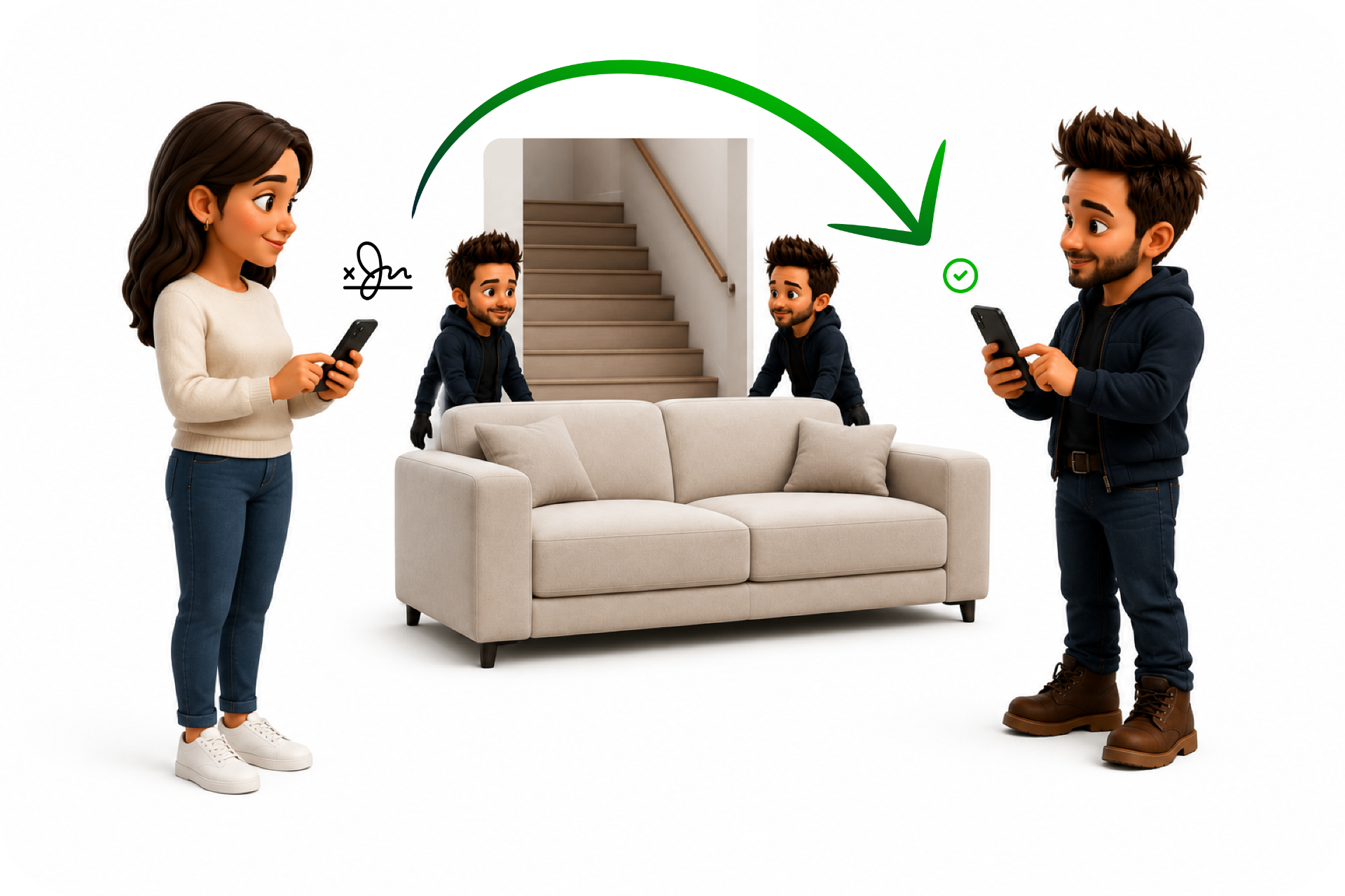 Le client signe la décharge numérique avant que l'équipe ne poursuive la livraison